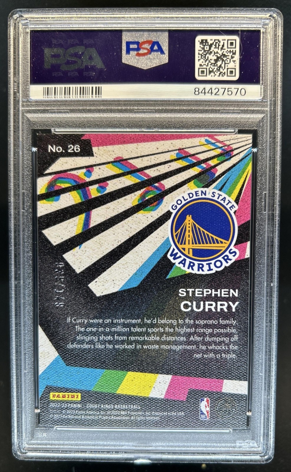 2022-23 Panini Court Kings Stephen Curry Maestros Ruby #/149 Warriors PSA 8 view 2