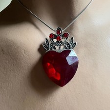 Collar Corazón Vidrio Rojo Corona Colgante Tono Plata Serpiente Cadena Reina de Corazones