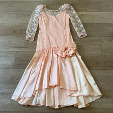 Vintage 80s Lace Satin Taffeta Formal Dress Prom Ball Gown Bow Asymetric READ