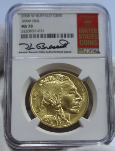 2008 W US Buffalo .9999 Gold NGC MS70 Bressett Signed $50 1 oz