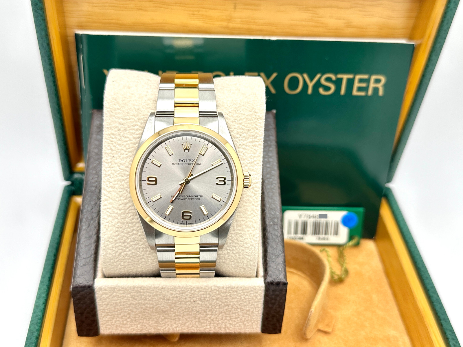 2002 Rolex Oyster Perpetual 14203 34mm Silver Dial 18k Yellow Gold Steel
