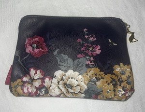 Joules Floral Cosmetic Makeup Bag Navy Pebbled Faux Leather Travel Toiletry