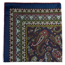 Navy Blue & Olive Green Paisley Silk Pocket Square (Hand-Rolled in England)
