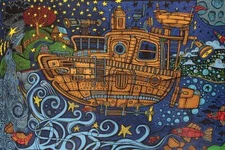 3D Steampunk Tugboat Psychedelic Submarine Tapestry Under The Sea Pirate Boat