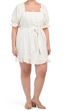 Eloquii Women's Linen Blend Smocked Mini Dress Polka Dot Plus Size 18/20