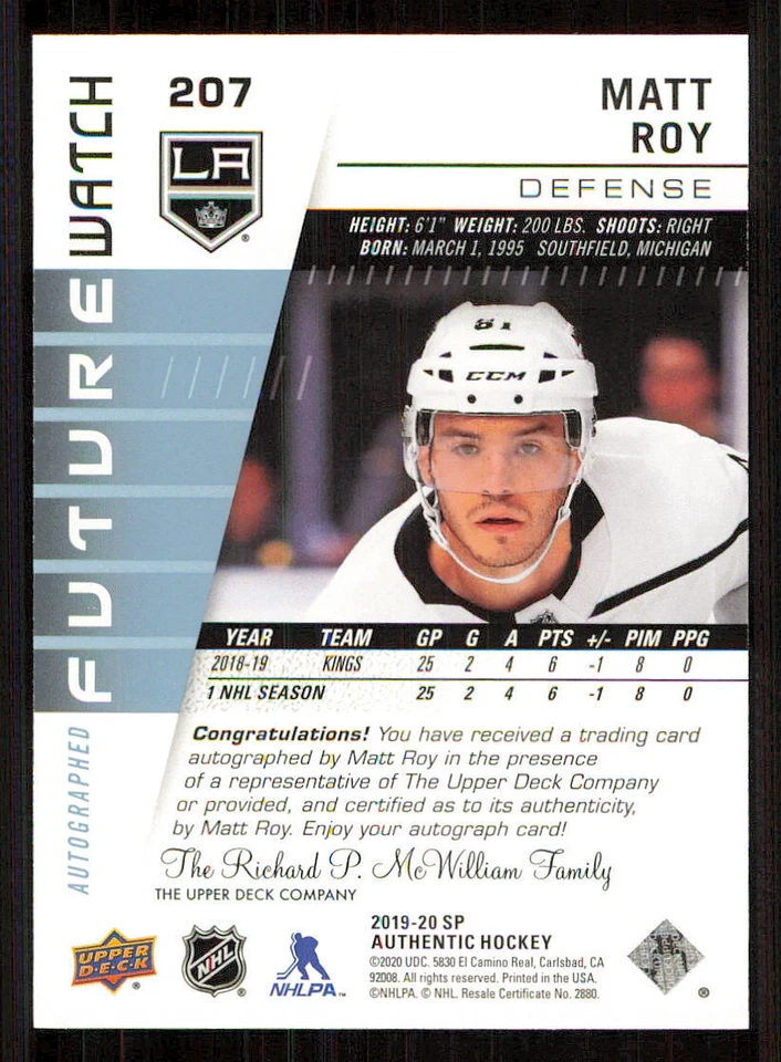 2019-20 SP Authentic #207 Matt Roy FW AU/949* RC /999 - Image 2 of 2