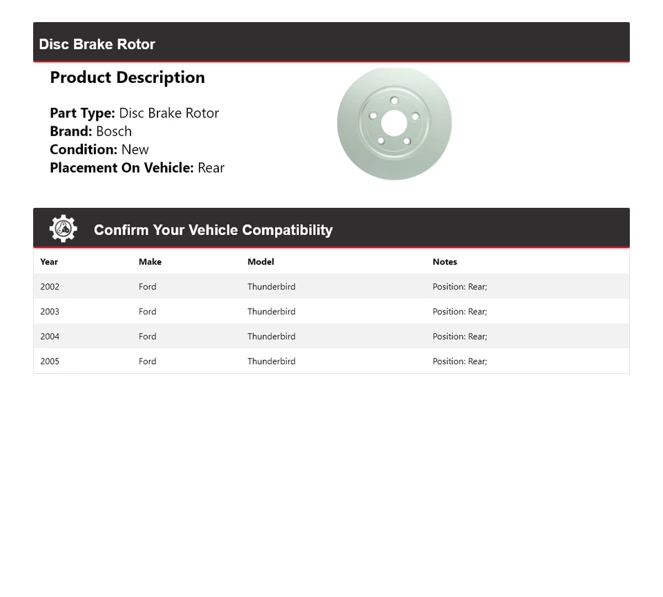 For 2002-2005 Ford Thunderbird Bosch QuietCast Disc Brake Rotor Rear 2003 2004 - Image 2 of 4