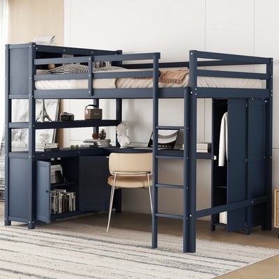 Full Size Wood Loft Bed with Cabinet, Bookshelf, Wardrobe and Desk, Dark Blue