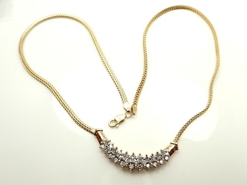 14K Yellow Gold Curved Bar Necklace With 0.99 CT Genuine Diamonds 17.5" Long
