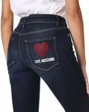 NWT LOVE MOSCHINO Sz27 HEART POCKET CRYSTAL SKINNY MIDRISE STRETCH JEANS BLUE
