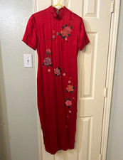 Women  s Red Satin Qipao silk Dress Floral Embroidery Size S