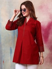 Indian Women BEAUTIFUL Maroon Pure Cotton Zari Work Solid Kurta Kurti Top Tunic