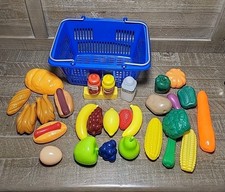 30pc Play Food Grocery Shopping Basket w Mixed Food Ketchup Mustard Water Butter
