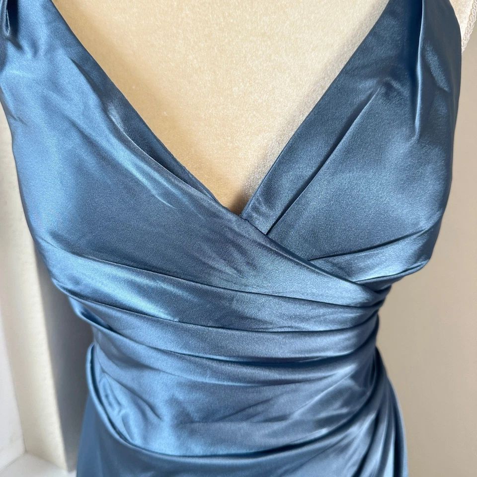 NWT Galina Signature Formal Dress 14 Blue Satin Long Faux Wrap Ruched Elegant - Image 2 of 4