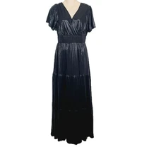 NEW Baltic Born Maxi Dress L Black Shimmer V-Neck Flutter Sleeve Tiered Gown