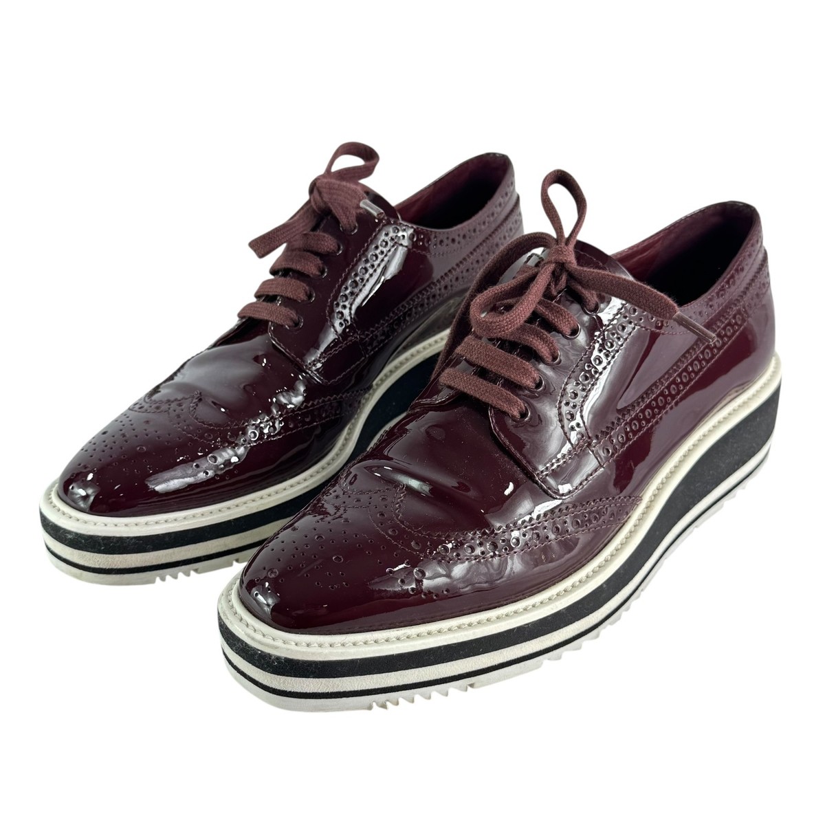 PRADA Brogues Burgundy Patent Leather Women Wingtip Platform 