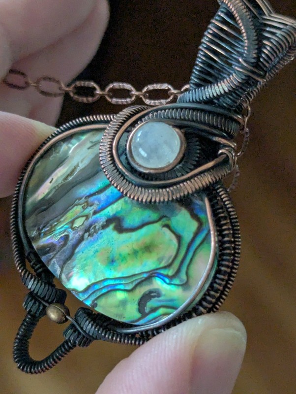 Oval abalone shelk & Moonstone Copper Wire Pendant With Copper Chain
