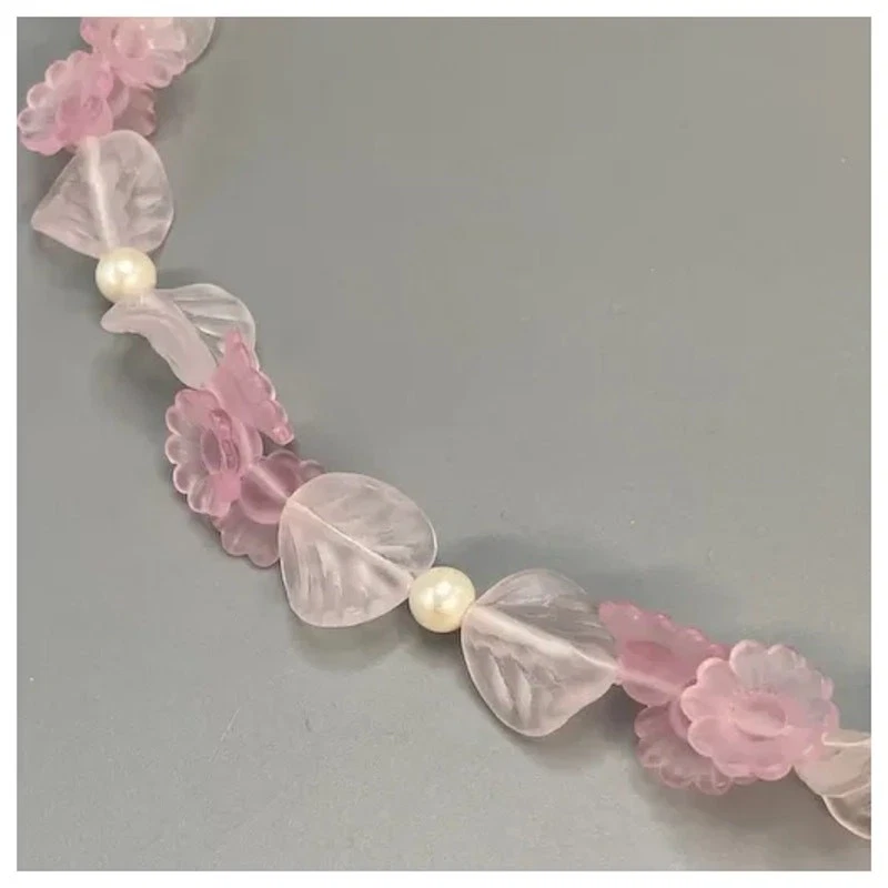 Vintage Pink Frosted Lucite Flower Necklace and Clip Earrings Faux Pearls - Image 4 of 4