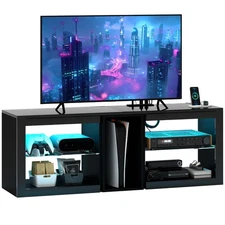 HOMCOM TV Stand with LED Lights Power Outlets for 55" TV, High Gloss Black