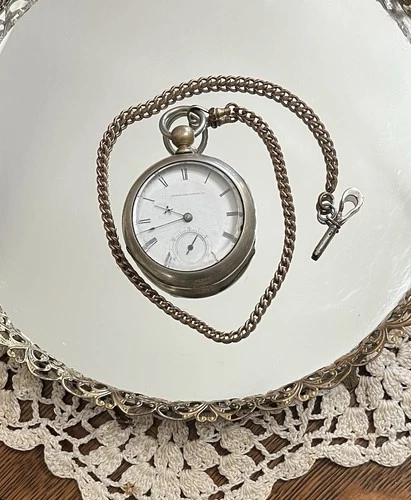 WALTHAM Key Wound Pocket Watch WORKS Silveroid Case & Simmons GF Chain ANTIQUE