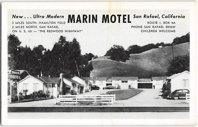 MARIN MOTEL San Rafael, CA Redwood Highway Roadside 1940s Rare Vintage Postcard