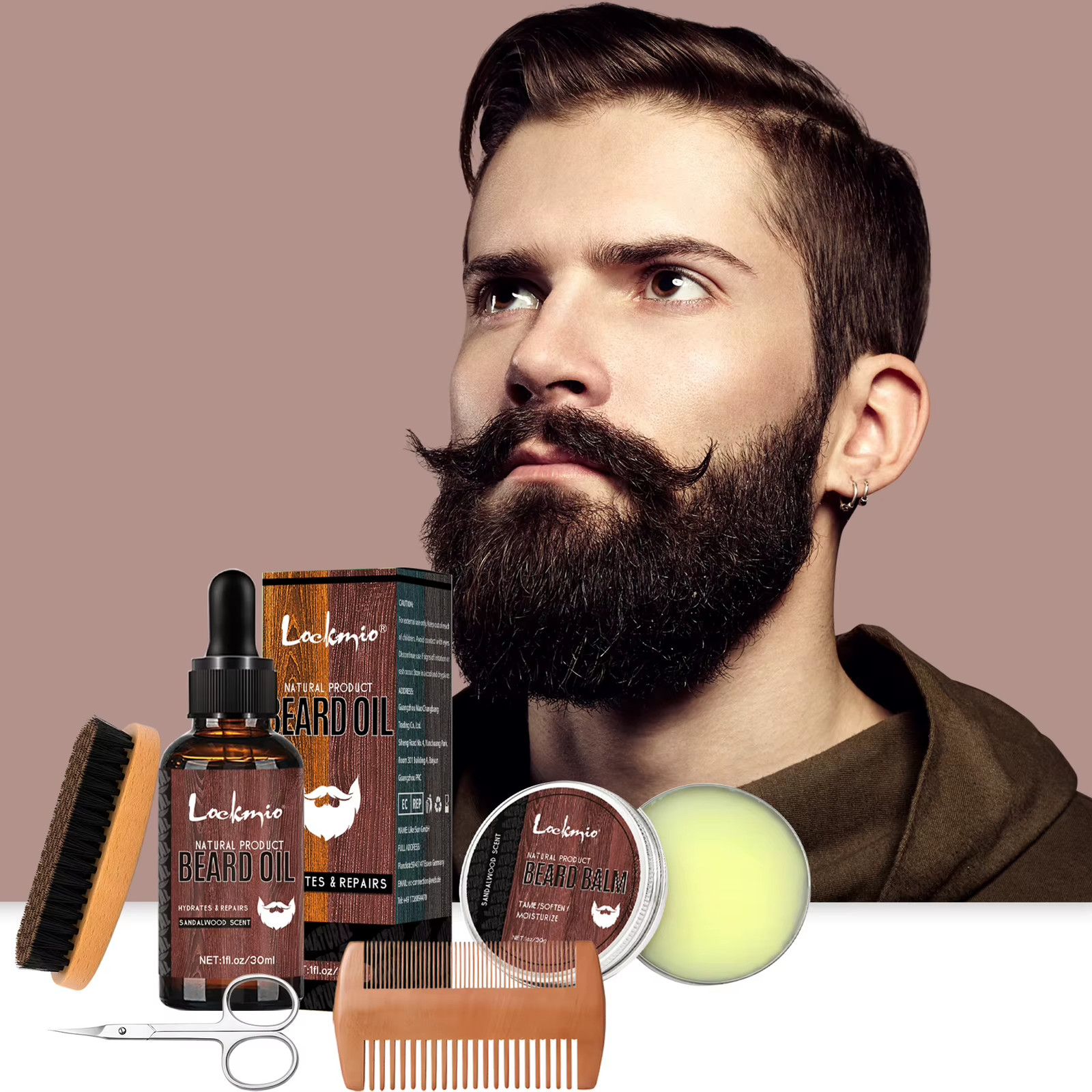 Kit croissance de barbe 5 pièces contre les trous avec baume bois de santal