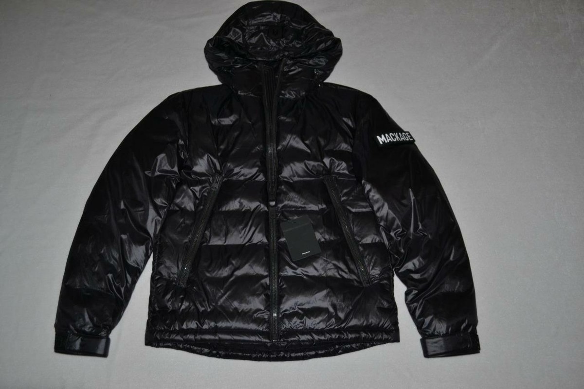 AUTHENTIC MACKAGE MEN VIC ULTRALIGHT SATEEN DOWN JACKET HOOD BLACK