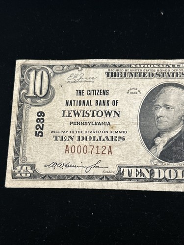 1929 $10 Citizens National Bank LEWISTOWN Pennsylvania National Currency CH#5289 - Picture 2 of 11