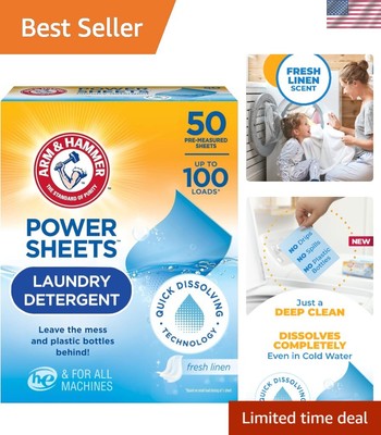 Power Sheets Laundry Detergent, Fresh Linen 50ct, up to 100 Small Loads Packa...