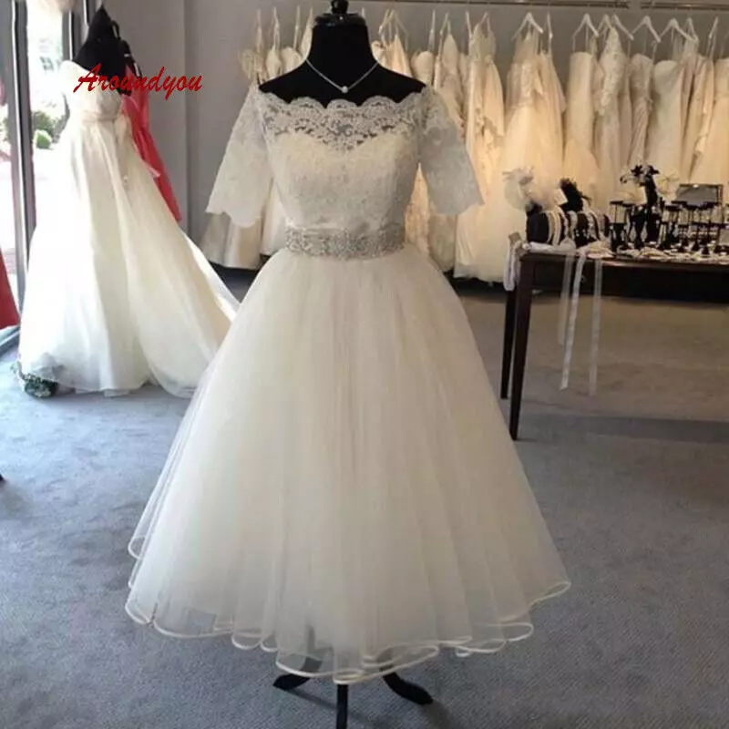 1950s Vintage Wedding Dresses Tea Length Half Sleeve Short Bridal Gown Plus Size