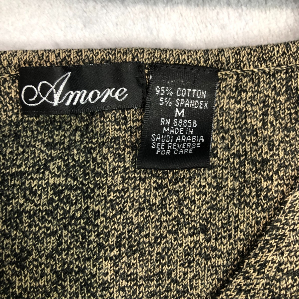 Amore Womens Sz M Cotton V-neck Khaki Green & Black 3/4 Sleeve