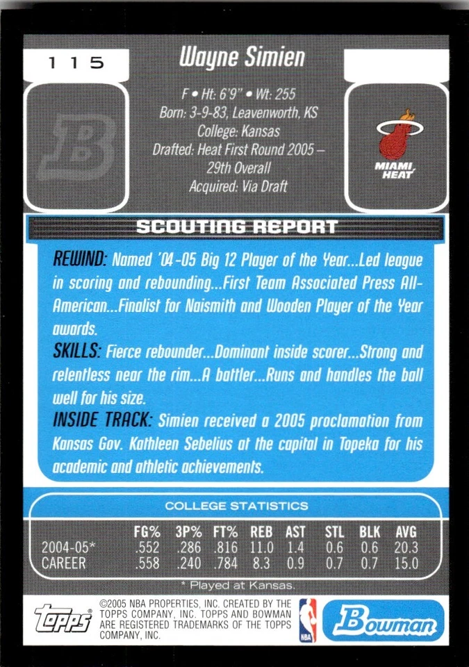 2005-06 BOWMAN DRAFT PICKS AND PROSPECTS Wayne Simien Miami Heat - Image 2 of 2