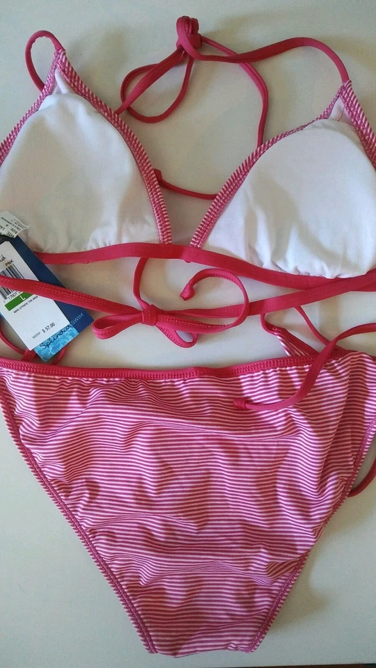 Espléndido conjunto de bikini triangular de 2 piezas para mujer talla 10 mini rayas rosa nuevo ENVÍO RÁPIDO Foto 2 de 4