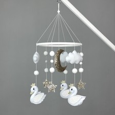Swan mobile for baby crib girl Felt white mobile Gold moon star Swan nursery