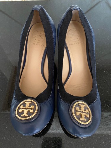 正品 Tory Burch 蓝色皮革坡跟鞋尺寸6 5 Ebay