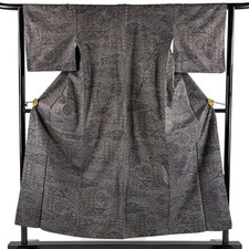 JAPANESE KIMONO TSUMUGI GRAY 151cm 4 ft 11 in PURE SILK FF12647