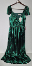 Ivy City Co Hera Dress Womens Large Green Metallic Flutter Sleeve Wrap Maxi NWT