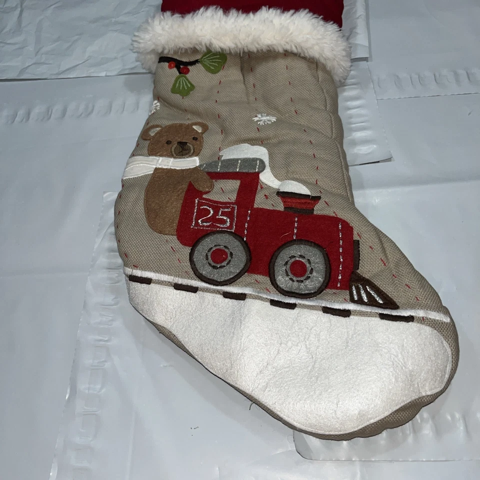 "Medias de Navidad Pottery Barn Tyler Bronceado OSO Rojo Tren Blanco Piel Borde Nieve 20""" Foto 4 de 4