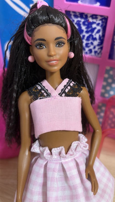 Barbie Fashion Doll Articulated Dark Wavy Black Hair Brown Eyes Pink Outfit 11in