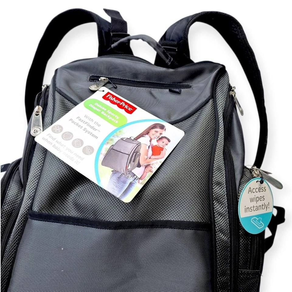 Mochila de pañales aislada unisex deportiva Fisher-Price Deluxe nueva con etiquetas | FastFinder Foto 2 de 4