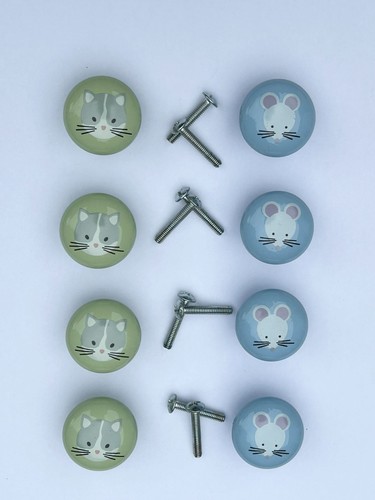 VTG Cat Mouse Porcelain Drawer Pulls Knobs Set of 8 with Hardware Nursery, Pet
