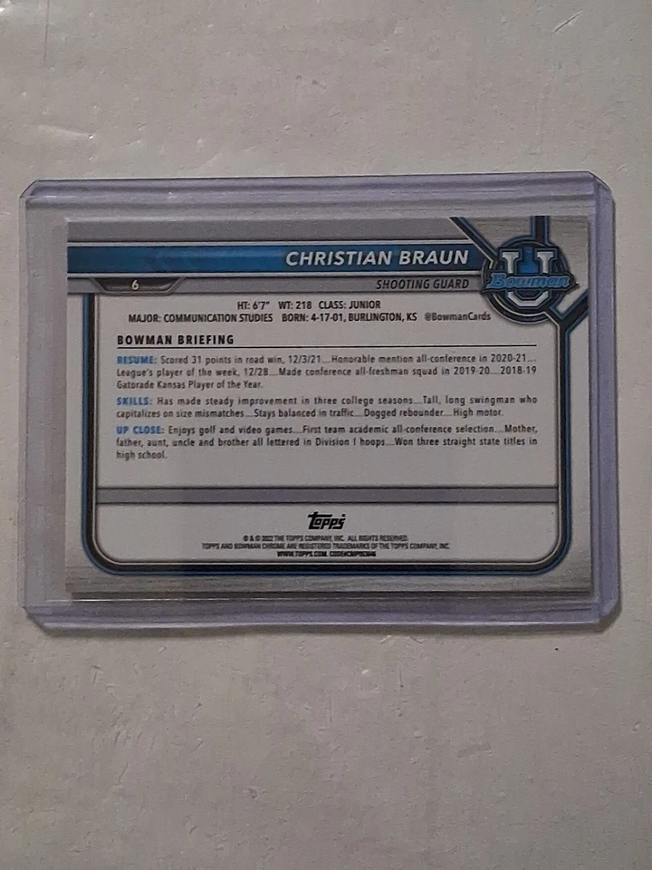 2022 Bowman Chrome University Christian Braun RC Pink Parallel Refractor - Image 2 of 2