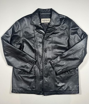 M. Julian Coat Mens Large Black Leather Quilted Lined Single Breasted Overcoat