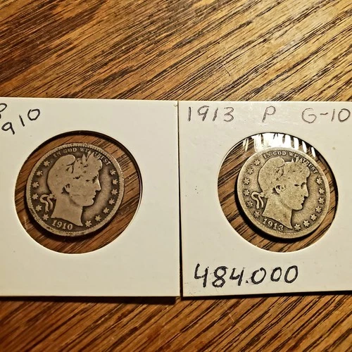 Lot of 2 Barber Quarters 1910 P 1913 P "G-VG" Condition 90% Silver !