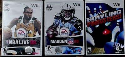 3 Wii Games, AMF Bowling Pinbusters-Madden NFL 08-NBA Live 08 Manuals Included