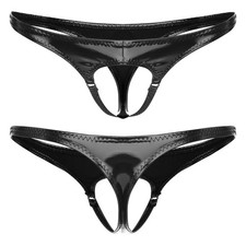 Men Wet Look PVC Leather Low Rise Thong Open Crotch Briefs Jockstrap Underwear