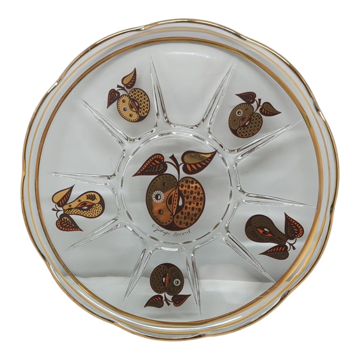 VTG Georges Briard Round Clear Glass Divided Tray Forbidden Fruit Apple Pear 11"
