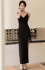Chic Sexy spaghetti strap Beads Fringe split Bodycon Fishtail Gown Evening Dress