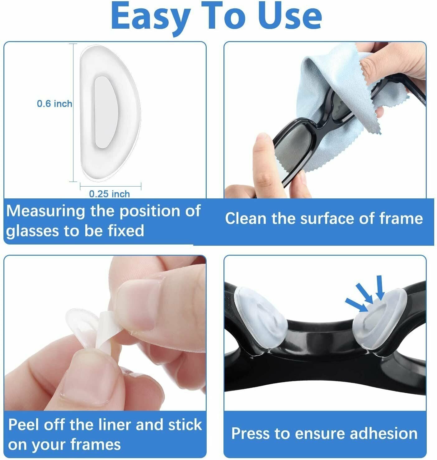 4 Pairs Antislip silicone Stick On Nose Pads For Eyeglasses Sunglasses