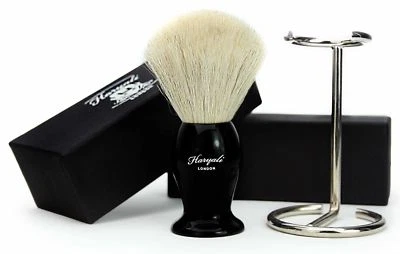 HARYALI LONDON Pure White Badger Hair Shaving Brush in Black Handle with Brush Stand for Men